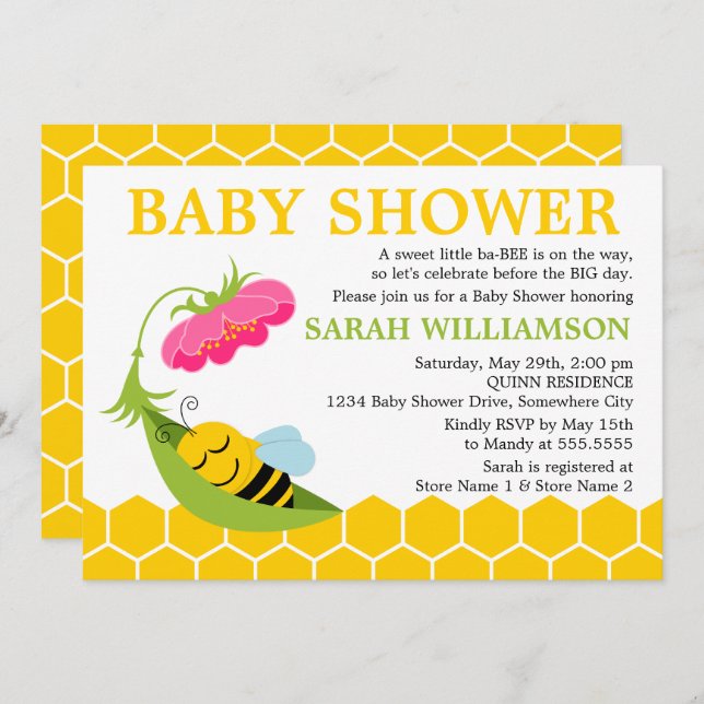 Whimissisk Bee Baby Shower Inbjudningar (Fram/baksida)