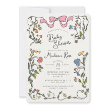 Whimissisk Blommigt Girl Doodle Baby Shower Inbjud
