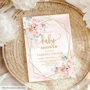 Whimissisk boho blek rosa guld peonies babydusch inbjudningar