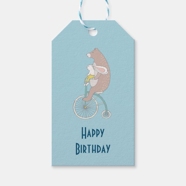 Whimissisk Bunny och Bear Riding tillsammans födel Presentetikett (Framsidan)