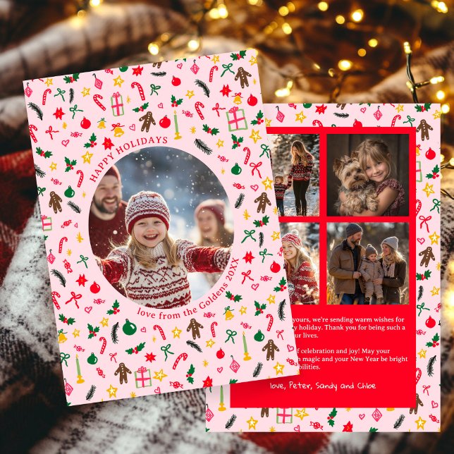 Whimissisk Doodle-Anpassningsbar 5 Photo Collage Julkort (Whimsical Doodle Christmas Custom 5 Photo Collage Holiday Card
)