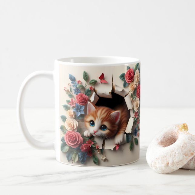 Whimissisk glädje: 3D Kitten Hål i en Blommigt av  Kaffemugg (Med munk)