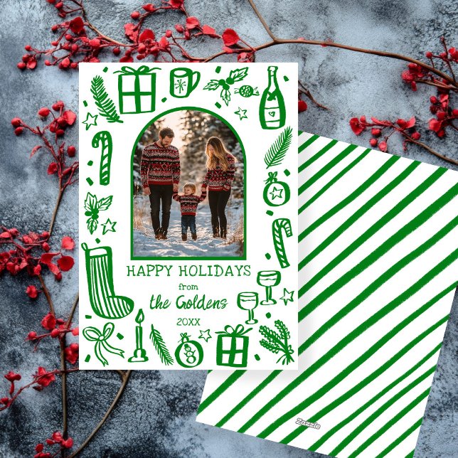 Whimissisk julklapp Anpassningsbar Arch PHOTO Julkort (Whimsical Christmas Cute Doodles Custom Arch PHOTO Holiday Card
)