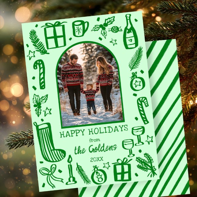 Whimissisk julklapp Anpassningsbar Arch PHOTO Julkort (Whimsical Christmas Cute Custom Arch PHOTO Green Doodle Sketch Hand-drawn Holiday Card
)