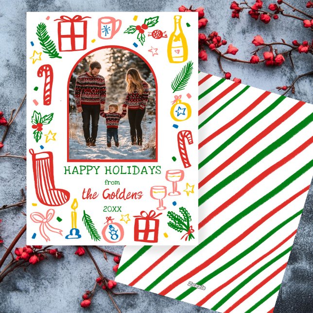 Whimissisk julklapp Anpassningsbar Arch PHOTO Julkort (Whimsical Christmas Cute Doodle Sketch Custom Arch PHOTO Holiday Card)