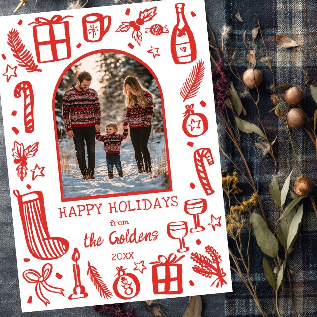 Whimissisk julklapp Anpassningsbar Arch PHOTO Julkort (Whimsical Christmas Cute Custom Arch PHOTO Modern Doodle Sketch Holiday Card
)