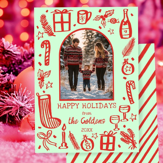 Whimissisk julklapp Anpassningsbar Arch PHOTO Julkort (Whimsical Doodle Sketch Christmas Cute Custom Arch PHOTO Holiday Card
)