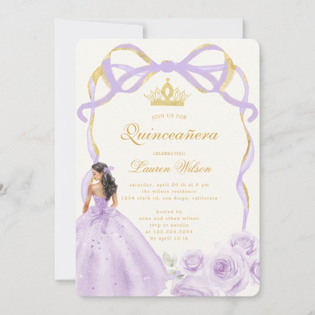 Whimissisk Lila Guld Bow Blommigt Quinceañera Inbjudningar (Framsida)