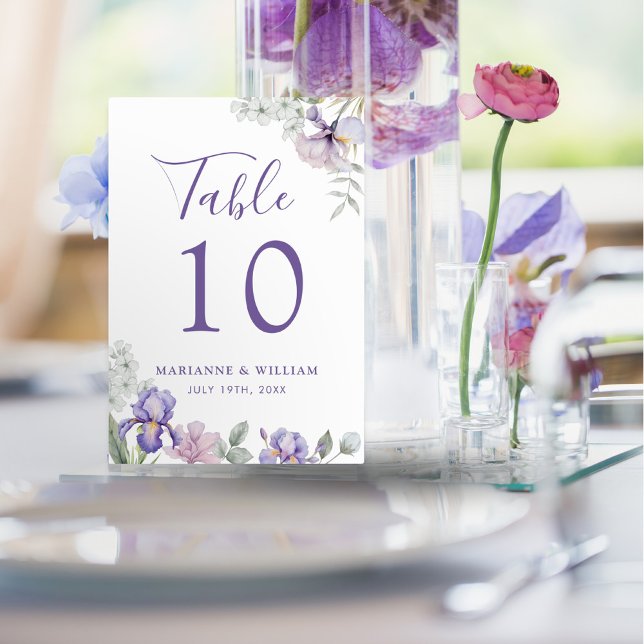 Whimissisk Lila Iris Blommigt Bröllop Bordsnummer (Whimsical Purple Iris Floral Wedding Table Number)