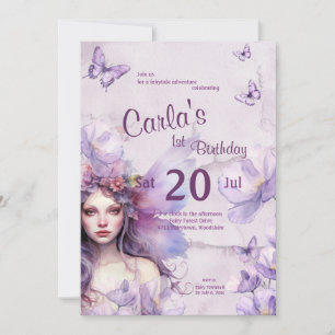 Whimissisk Lila Watercolor Fairy Birthday Inbjudningar