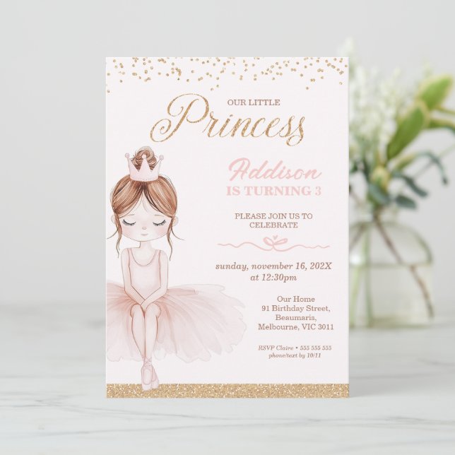 Whimissisk Rosa Ballerina Little Princess Birthday Inbjudningar (Stående Fram)