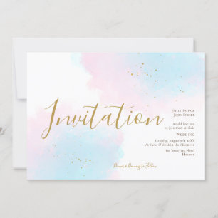 Whimissisk Rosa Blue Watercolor Guld Stänk Bröllop Inbjudningar