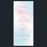 Whimissisk Rosa Blue Watercolor Guld Stänk Bröllop Meny<br><div class="desc">Dessa vackra pastellvattensfärger i blandningar av rosa och blått, med guld stänk för lite glam, kommer säkerligen att påminna om dessa lata, dunkla sommardagar som vi alla känner och kärlek! Så dessa inbjudningskort skulle vara idealiska för en vacker sommar bröllop! Typografin "Meny" och kursrubriker finns i ett skript för elegant,...</div>