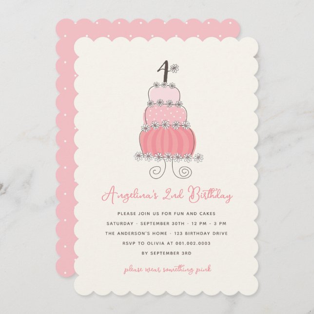 Whimissisk Rosa Cake Girl 4e födelsedagen Party In Inbjudningar (Fram/baksida)