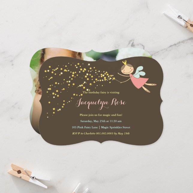 Whimissisk Rosa Fairy Princess Photo Girl Birthday Inbjudningar (Fram/Back In Situ)