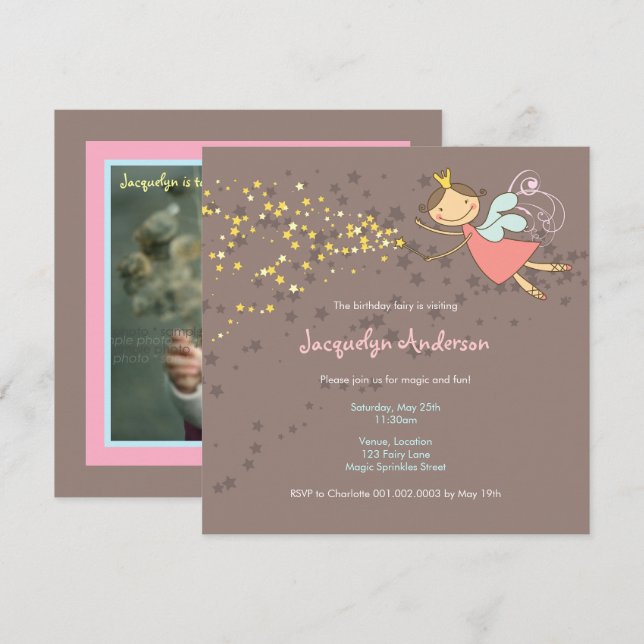 Whimissisk Rosa Fairy Princess Stars Girl Birthday Inbjudningar (Fram/baksida)