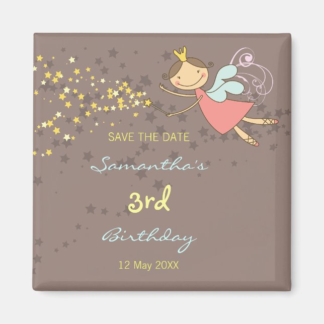 Whimissisk Rosa Fairy Princess Stars Girl Birthday Magnet (Framsidan)