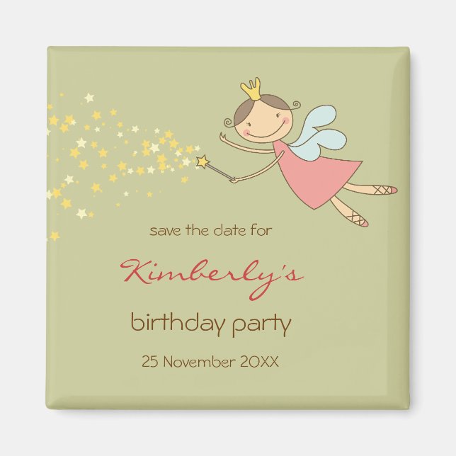 Whimissisk Rosa Fairy Princess Stars Girl Birthday Magnet (Framsidan)