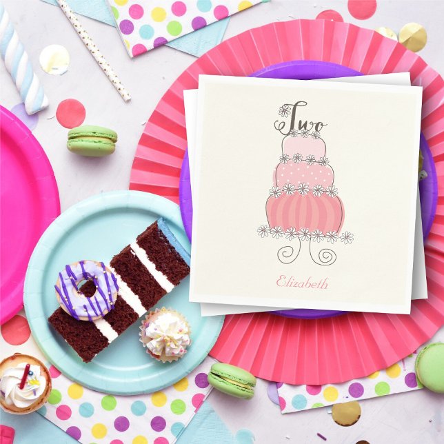 Whimissisk Rosa Girl 2:a födelsedagen Cake Kids Pa Pappersservett (Whimsical Pink Girl 2nd Birthday Cake Kids Party Paper Napkins @ fat_fa_tin)