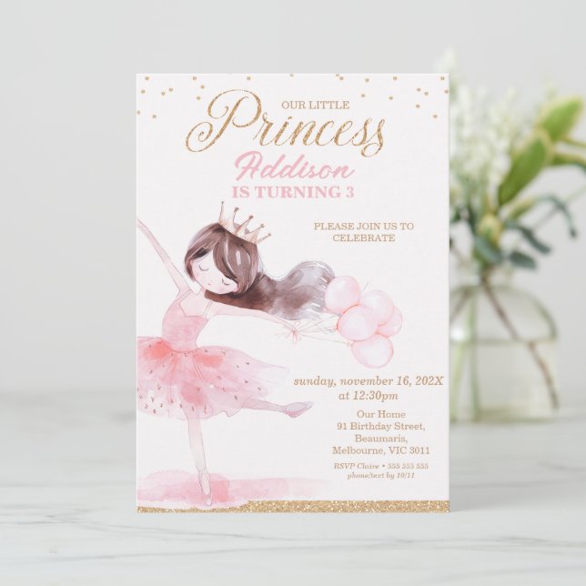 Whimissisk Rosa Guld Ballerina Princess Birthday Inbjudningar (Stående Fram)