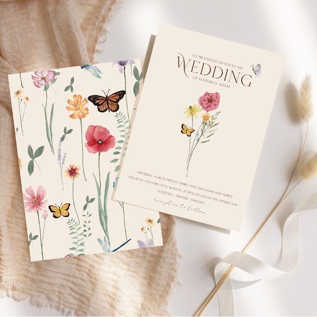 Whimissisk Rosa Gult WildblomButterfly Bröllop Inbjudningar (Simple Pink Yellow Wildflower Whimsical Wedding Invitation)
