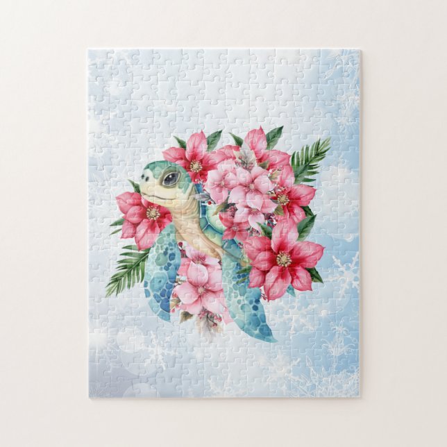 Whimissisk Rosa Jultur Blommigt Sea Turtle Pussel (Vertikal)