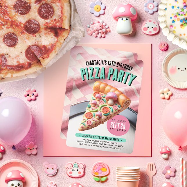 Whimissisk Rosa Mushroom Pizza Party Birthday Inbjudningar (Skapare uppladdad)