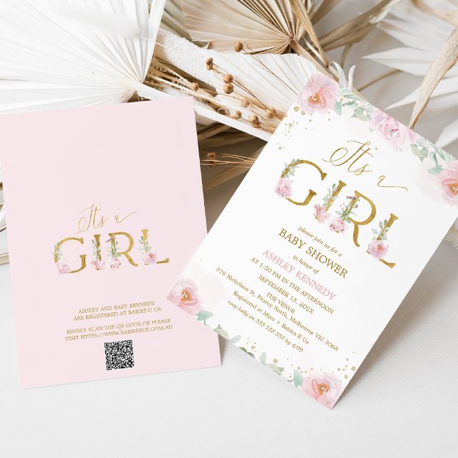 Whimissisk Rosa Peonies Det är en flicka Babyskare Inbjudningar (It's a Girl baby Shower Invitation Template, Pink Floral Peonies Baby Shower Invitation Girl QR Code)