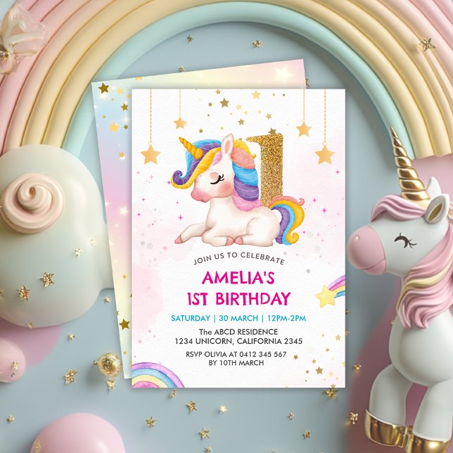 Whimissisk rosa Rainbow Unicorn 1 Birthday party Inbjudningar (Skapare uppladdad)