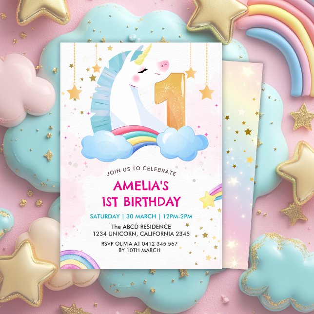 Whimissisk rosa Rainbow Unicorn 1 Birthday party Inbjudningar (Skapare uppladdad)