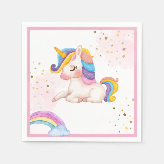 Whimissisk rosa Rainbow Unicorn 1 Birthday party Pappersservett (Framsidan)