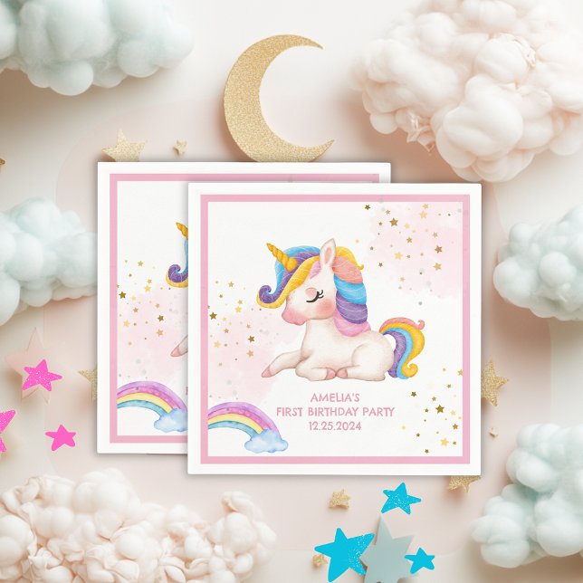 Whimissisk rosa Rainbow Unicorn 1 Birthday party Pappersservett (Skapare uppladdad)