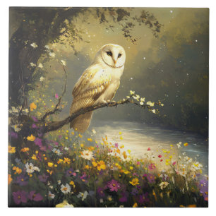 Whimissisk Snövit Uggla Wildblommor Art Kakelplatta