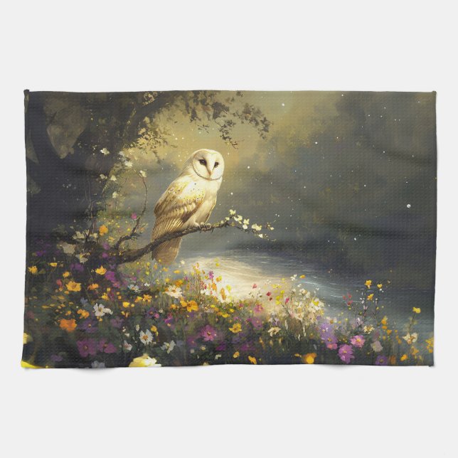 Whimissisk Snövit Uggla Wildblommor Art Kökshandduk (Horisontell)
