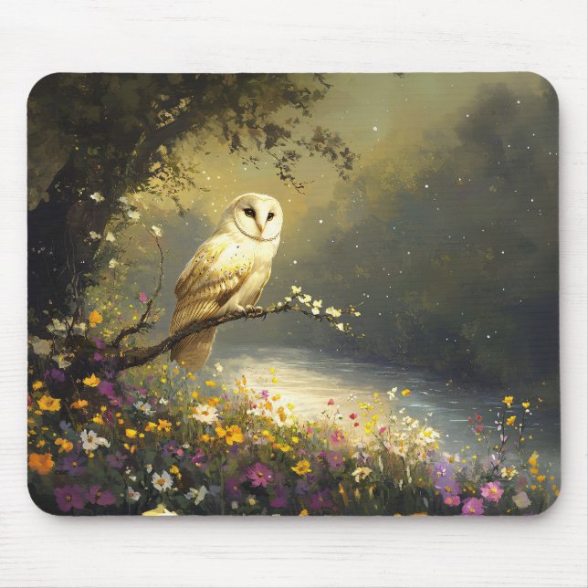 Whimissisk Snövit Uggla Wildblommor Art Musmatta (Framsidan)