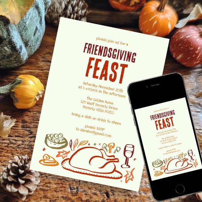 Whimissisk Thanksgiving Friendsgiving Middag Party Inbjudningar (Whimsical Thanksgiving Friendsgiving Dinner Party Invitation Digital Download evite)