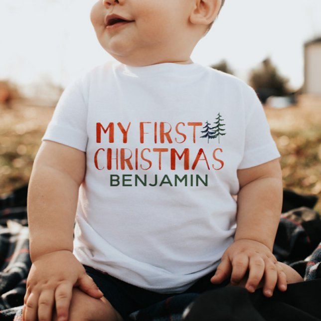 Whimissisk vattenfärg Min första jul Namn Baby T Shirt (Skapare uppladdad)