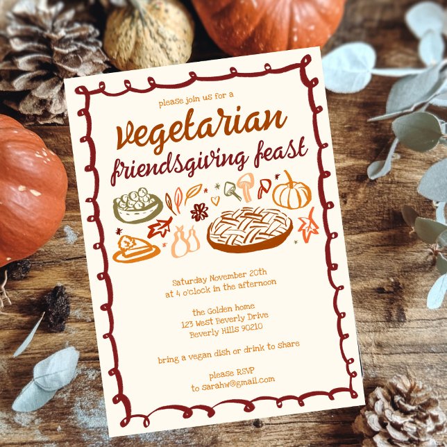 Whimissisk VEGETARIAN Thanksgiving Friendsgiving Inbjudningar (Whimsical VEGETARIAN VEGAN Thanksgiving Friendsgiving Invitation
)