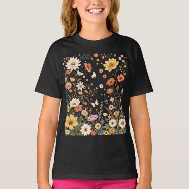 Whimissisk Wildblomskugga med fjärilar T Shirt (Framsida)