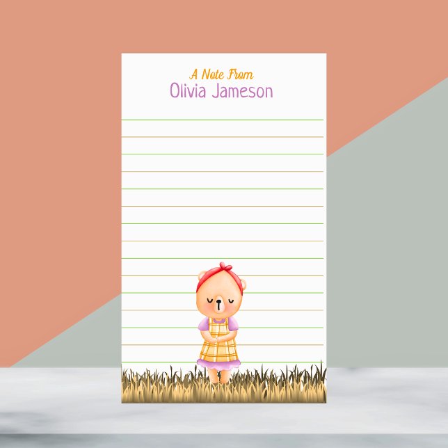 Whimissiskt Barn Prairie Bear-lindad stationeri Brevpapper (Whimsical Kid's Name Prairie Bear Lined Stationery)