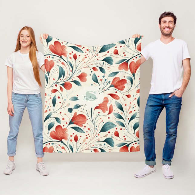 Whimissiskt blått Löv och rött Blommönster Fleecefilt (På plats)