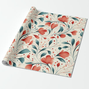 Whimissiskt blått Löv och rött Blommönster Presentpapper