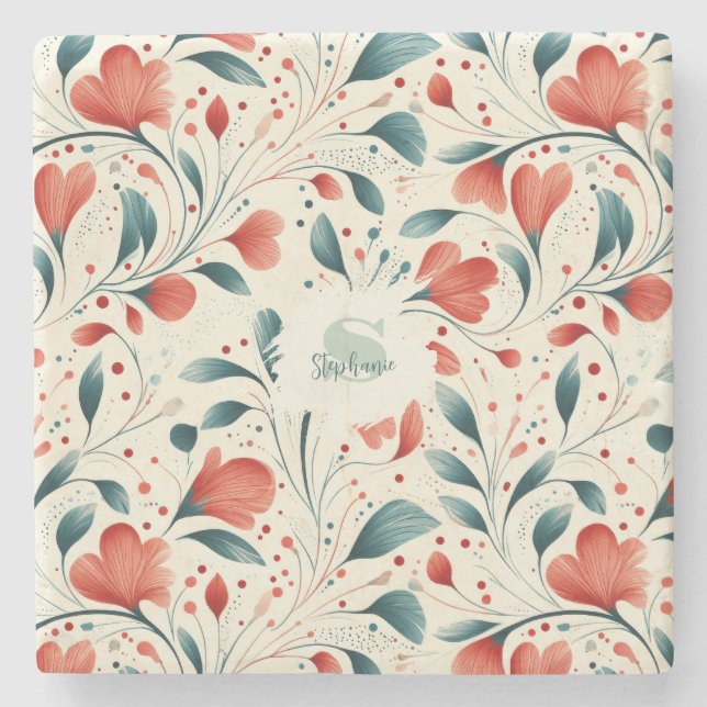 Whimissiskt blått Löv och rött Blommönster Stenunderlägg (Framsidan)