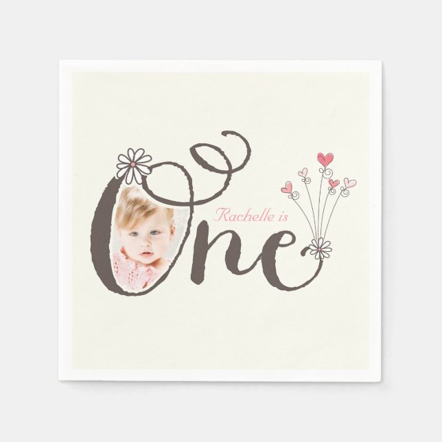 Whimissiskt Foto 1:a födelsedag Rosa Flicka 1 Pappersservett (Framsidan)