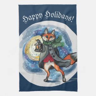 Whimissiskt Lantern Fox i Snö-Helgdag Kökshandduk