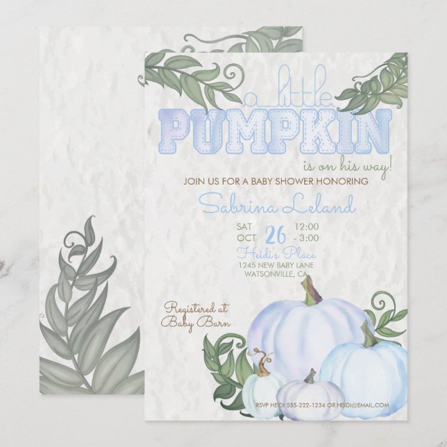 Whimissiskt Little Pumpkin Blue Boy Baby Shower Inbjudningar (Fram/baksida)