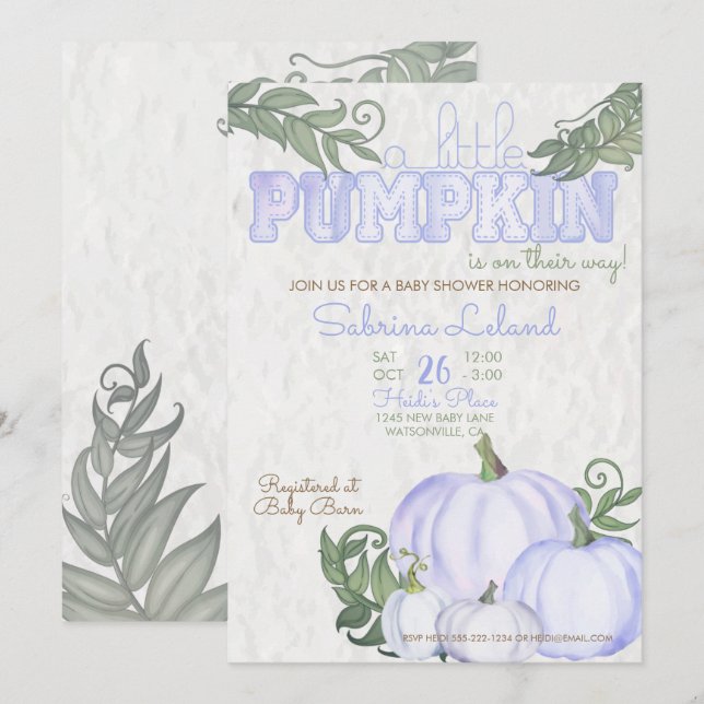 Whimissiskt Little Pumpkin Violet Girl Baby Shower Inbjudningar (Fram/baksida)