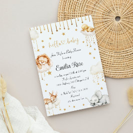 Whimissiskt molnbabyskor Guld Stars Cute Animal Inbjudningar