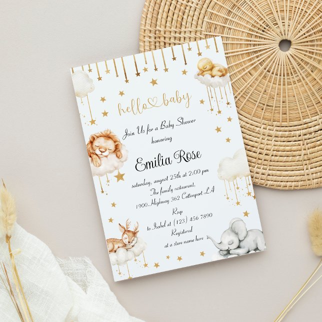 Whimissiskt molnbabyskor Guld Stars Cute Animal Inbjudningar (Skapare uppladdad)