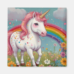 Whimissiskt Unicorn i Rainbow Blommigt Meadow Magnet